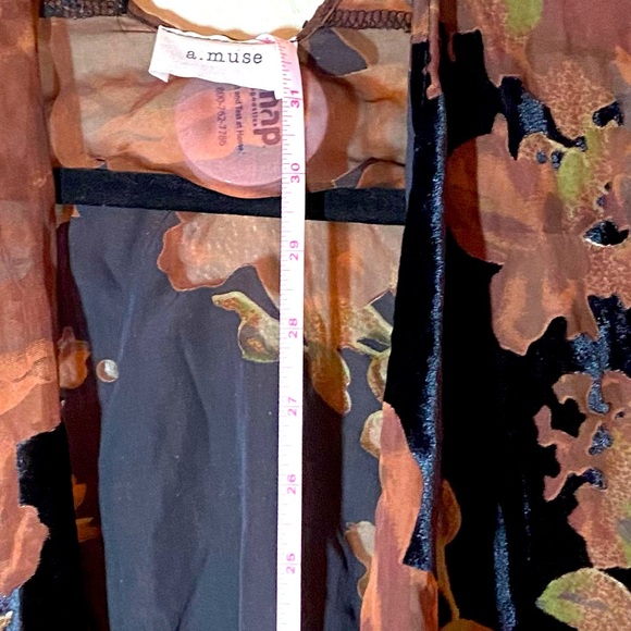 A.MUSE Semi-Sheer Chiffon Velvet Burnout Open-Front Kimono Jacket Brown Floral - Picture 4 of 6